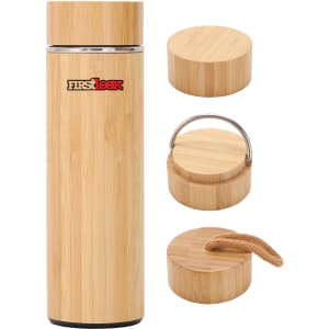 A drink bottle made of bamboo, featuring a sleek design with a metal rim and multiple lids, including a handle.