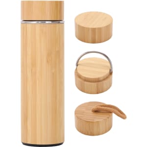 A bamboo drink bottle with a sleek design, featuring a smooth finish and three detachable lids.