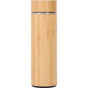 A drink bottle made of bamboo with a sleek, cylindrical design and a wooden lid. It features a stainless steel interior.