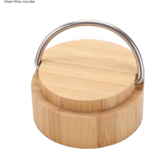 A drink bottle with a bamboo body and a steel wire handle, featuring a circular bamboo lid.