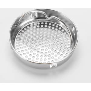 A stainless steel food strainer with a perforated design and a handle for easy lifting.