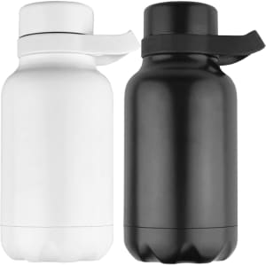 A drink bottle set in black and white, featuring a secure lid and a handle. Each bottle holds 380ml and has a logo.