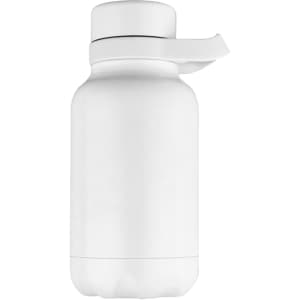 A drink bottle in a sleek, white design with a secure lid and a logo on the side.