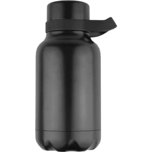 A drink bottle in a sleek black finish, featuring a flip-top lid and a round base. It has a logo on the surface.
