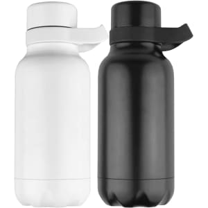 A drink bottle set featuring a white and a black vacuum-insulated bottle, each with a handle and a sleek design.
