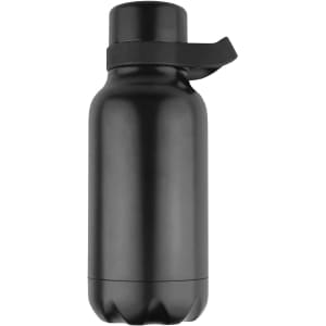 A drink bottle in matte black, featuring a screw-top lid and a flip handle for easy carrying.