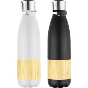 A drink bottle set featuring a white and a black bottle, both with a bamboo accent and a metallic lid.