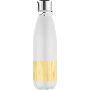 A drink bottle featuring a white body with a bamboo section and a metal cap. It includes a logo or branding.