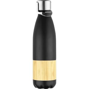 A drink bottle featuring a black stainless steel body with a bamboo section and a silver metal cap.