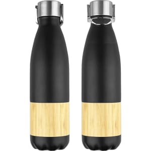 A drink bottle in black stainless steel with a bamboo accent, featuring a silver lid and logo.