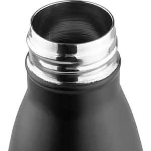 A drink bottle with a sleek black exterior and a stainless steel opening, featuring a branding logo.