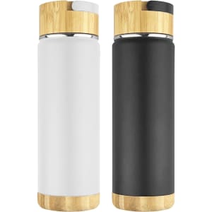 A drink bottle set featuring two vacuum bottles, one in white and the other in black, each with a bamboo accent.