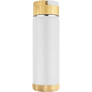 A drink bottle in white with a bamboo lid and base, featuring a sleek and modern design.