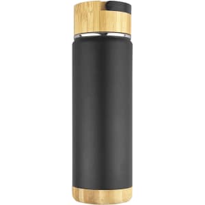 A drink bottle in matte black with a bamboo lid and base, featuring a simple, modern design and a logo.