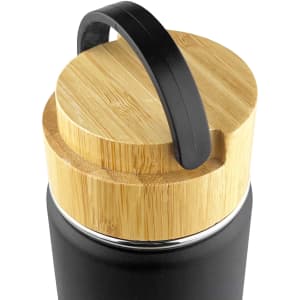 A drink bottle with a matte black body and a bamboo lid featuring a handle. It has a sleek and modern design.