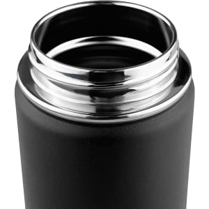 A drink bottle with a black exterior and a shiny stainless steel rim, featuring a sleek, modern design and a logo.