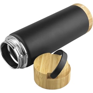 A black drink bottle with a bamboo lid and metal rim, featuring a logo on the body.
