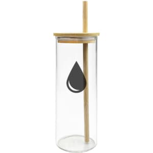 A drink bottle featuring a clear glass body, bamboo lid, and straw, with a decorative drop-shaped design.