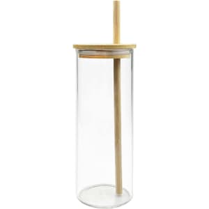 A drink bottle in clear glass with a bamboo lid and straw, featuring an elegant, minimalistic design.