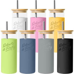 A drink bottle collection featuring various colours, including green, grey, black, pink, yellow, white, and blue, with a wooden lid.