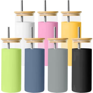 A drink bottle set featuring eight colours: white, pink, yellow, green, grey, black, and blue, with bamboo lids and straws.