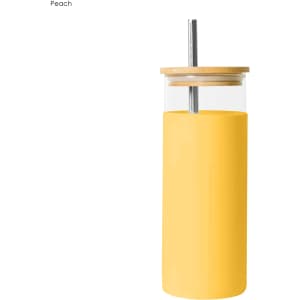A drink bottle featuring a yellow sleeve, a bamboo lid, and a metal straw. It has a logo on the side.