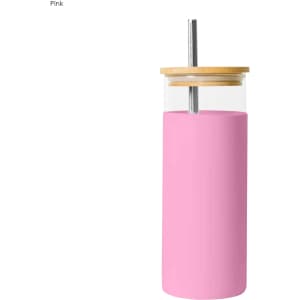 A drink bottle with a transparent glass body and a pink silicone sleeve, featuring a wooden lid and straw.