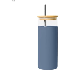 A drink bottle with a blue sleeve and bamboo lid, featuring a metal straw and a clear glass body.