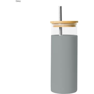 A drink bottle in grey with a bamboo lid and a stainless steel straw, featuring a sleek, modern design.