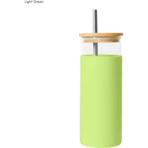 A drink bottle in light green with a wooden lid and a metal straw, featuring a sleek design.