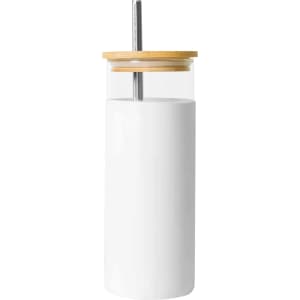 A drink bottle featuring a sleek white design with a bamboo lid and stainless steel straw.