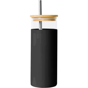 A drink bottle featuring a black sleeve, transparent glass body, bamboo lid, and stainless steel straw.