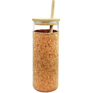 A drink bottle made of glass, featuring a cork exterior and a bamboo lid with a straw.