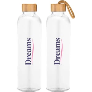 A drink bottle made of clear glass with a bamboo lid and a rope handle, featuring a logo on the front.