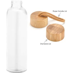 A drink bottle with a clear glass body and two bamboo lid options, one with a rope handle.