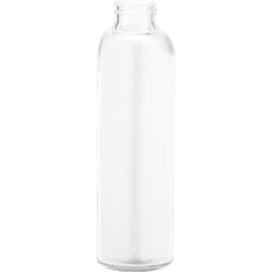 A drink bottle made of clear glass with a simple, cylindrical shape and a narrow neck.