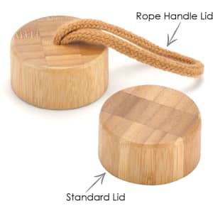A drink bottle lid set featuring a bamboo standard lid and a bamboo lid with a rope handle.