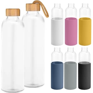 A drink bottle with a bamboo lid and sleeve, available in various colours, including white, pink, yellow, grey, and black.