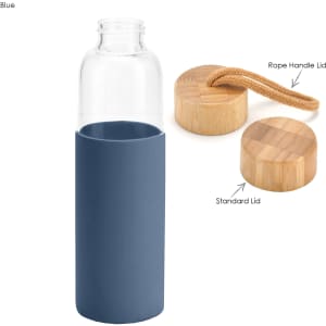 A drink bottle with a blue silicone sleeve, featuring a clear glass body and two wooden lids.