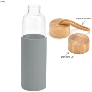 A drink bottle in grey with a silicone sleeve and bamboo lids, one featuring a rope handle.