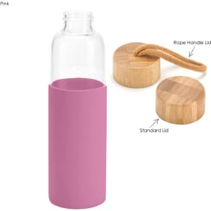A drink bottle featuring a pink silicone sleeve, a clear glass body, and two bamboo lid options with a rope handle.