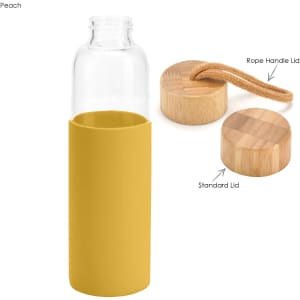 A drink bottle with a clear glass body and a mustard yellow silicone sleeve, featuring bamboo lids and a rope handle.