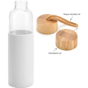 A drink bottle with a clear glass body and a white sleeve, featuring two lid options: a bamboo lid with a rope handle and a standard bamboo lid.