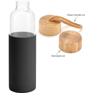 A drink bottle with a transparent glass body and a black silicone sleeve, featuring two bamboo lid options.