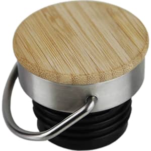 A drink bottle lid with a bamboo top and a silver metal ring, featuring a black rubber base.