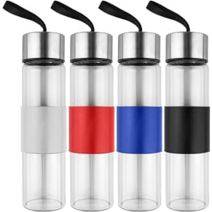 A drink bottle collection featuring clear glass with metal tops and coloured silicone grips in white, red, blue, and black.