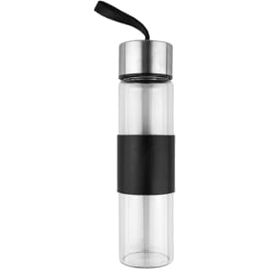 A drink bottle with a transparent body, black silicone grip, and a stainless steel lid. It has a carrying strap.
