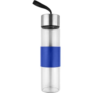 A drink bottle made of clear glass with a blue silicone grip and a stainless steel lid. It features a carrying strap.