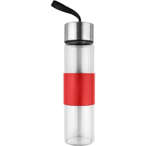 A drink bottle with a clear body, silver cap, and a red silicone grip band. It features a carrying strap.