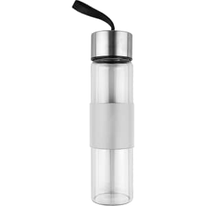 A drink bottle made of clear glass with a silver stainless steel cap and a grey silicone sleeve.